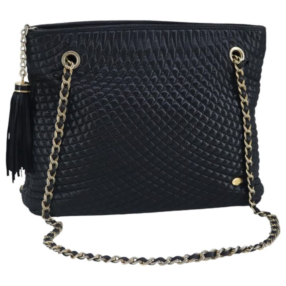 Bally Vintage Chain Quilted Leather Navy Leather Shoulder Bag Bag